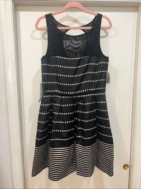 Taylor Black Midi Dress with White Dot and Stripe Accents